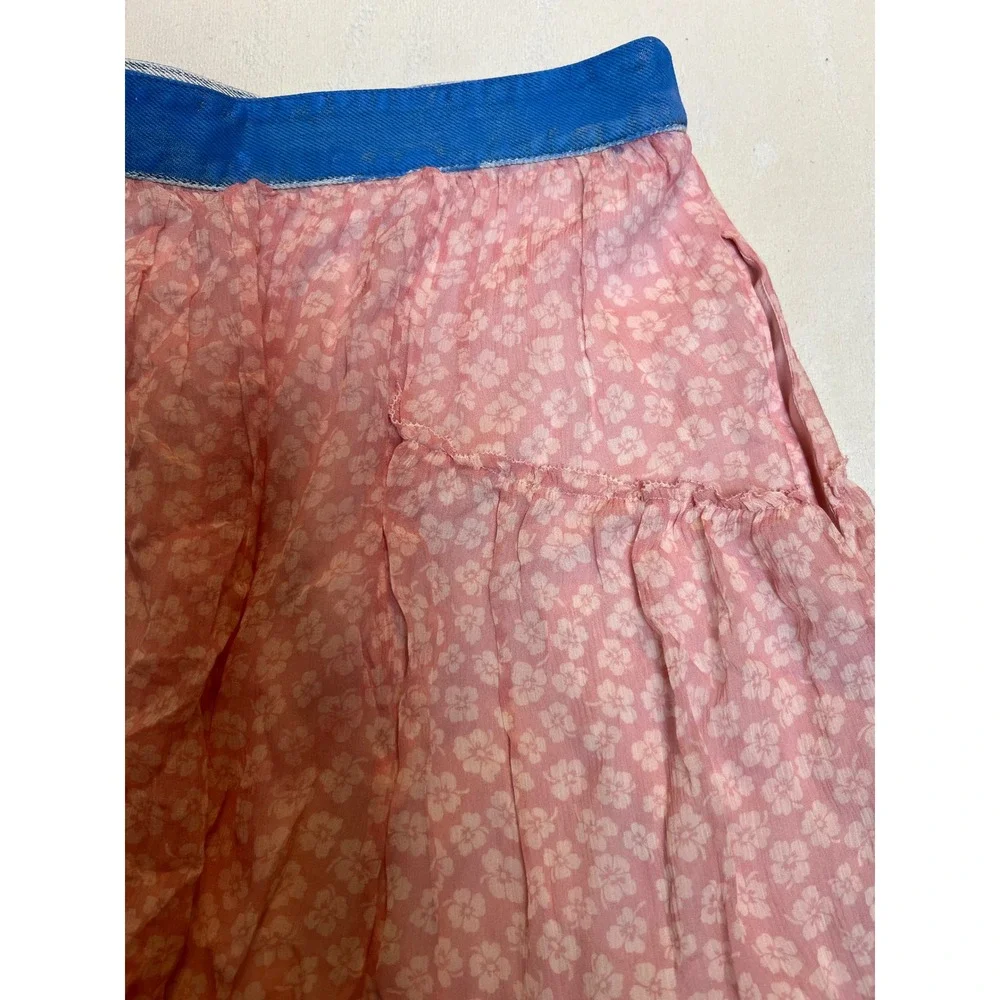 Coach Pink Floral Tiered Mini Skirt Blue Denim Waistband Pockets Size 0